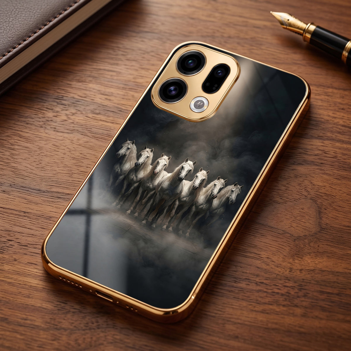 Oppo Find X9 5G Running Horses Gold Electroplated Glass Phone Back Case