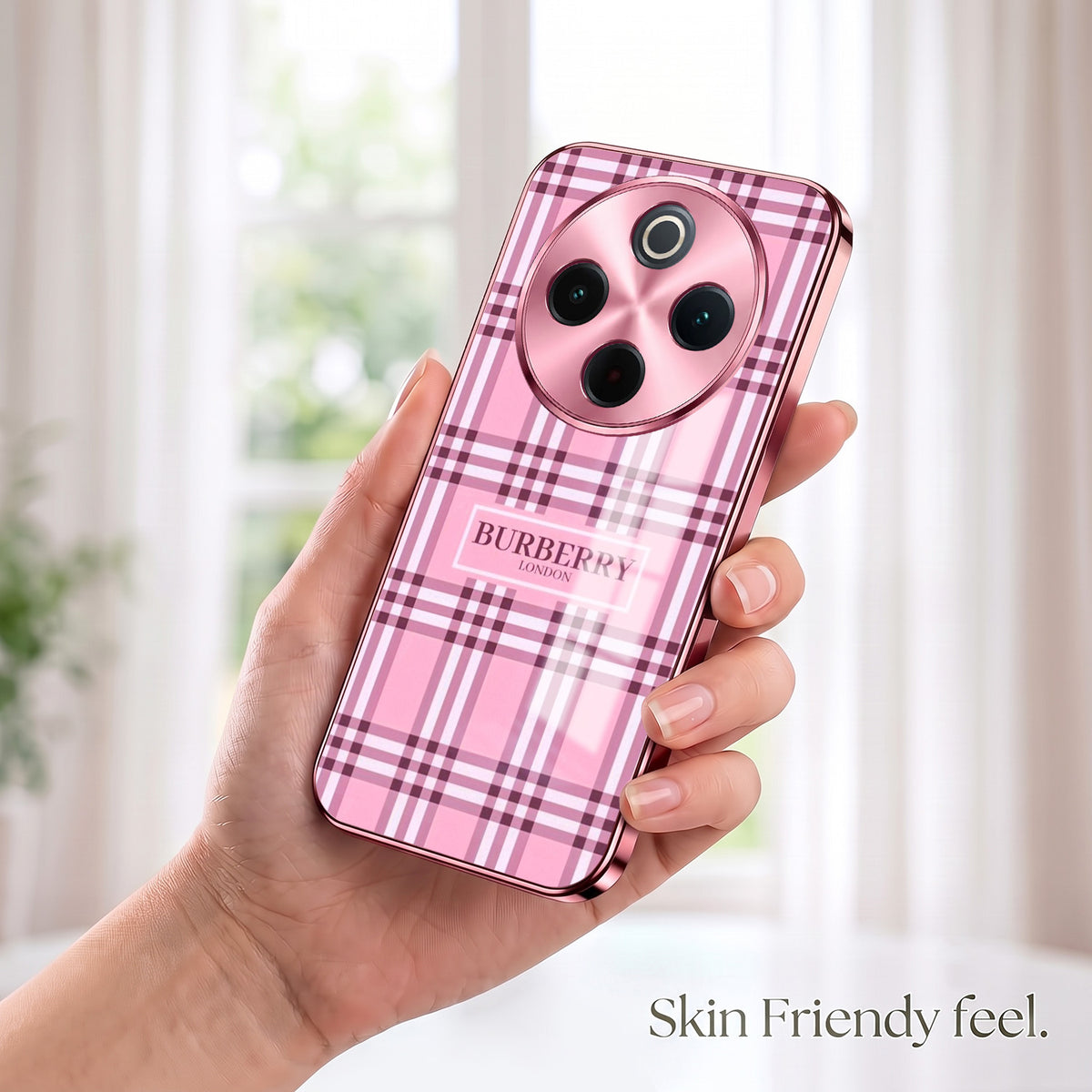 Vivo T4 5G Burberry Classic Pink Electroplated Glass Phone Back Case