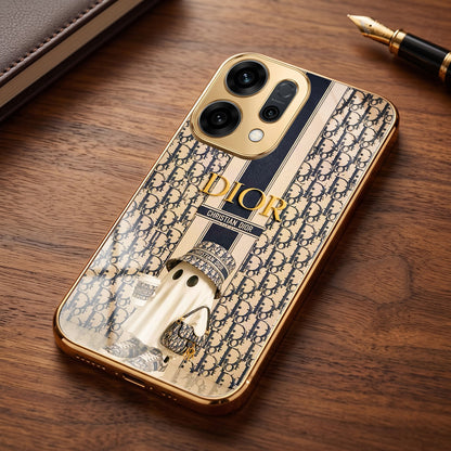 Oppo Reno 14 5G Luxury Dior Gold Electroplated Glass Phone Back Case