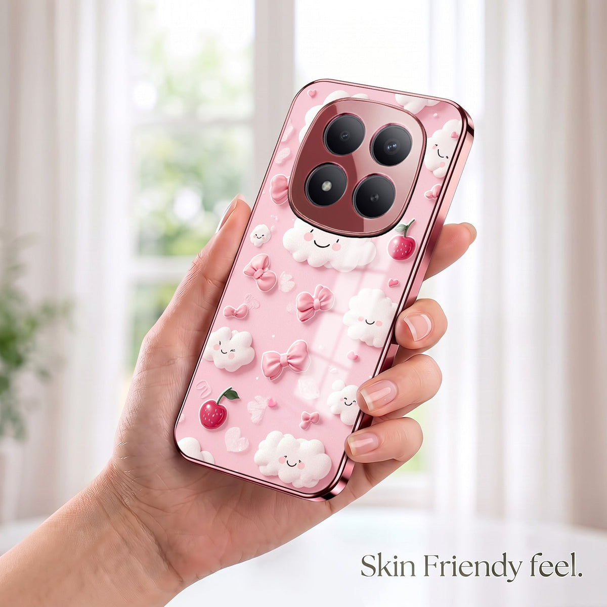 Redmi Note 15 Pro+ 5G Luxury 3D Clouds Pink Electroplated Glass Phone Back Case