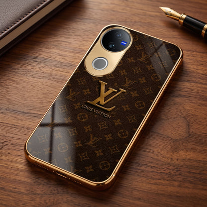 Vivo V50 5G LV Brown Monogram Gold Electroplated Glass Phone Back Case