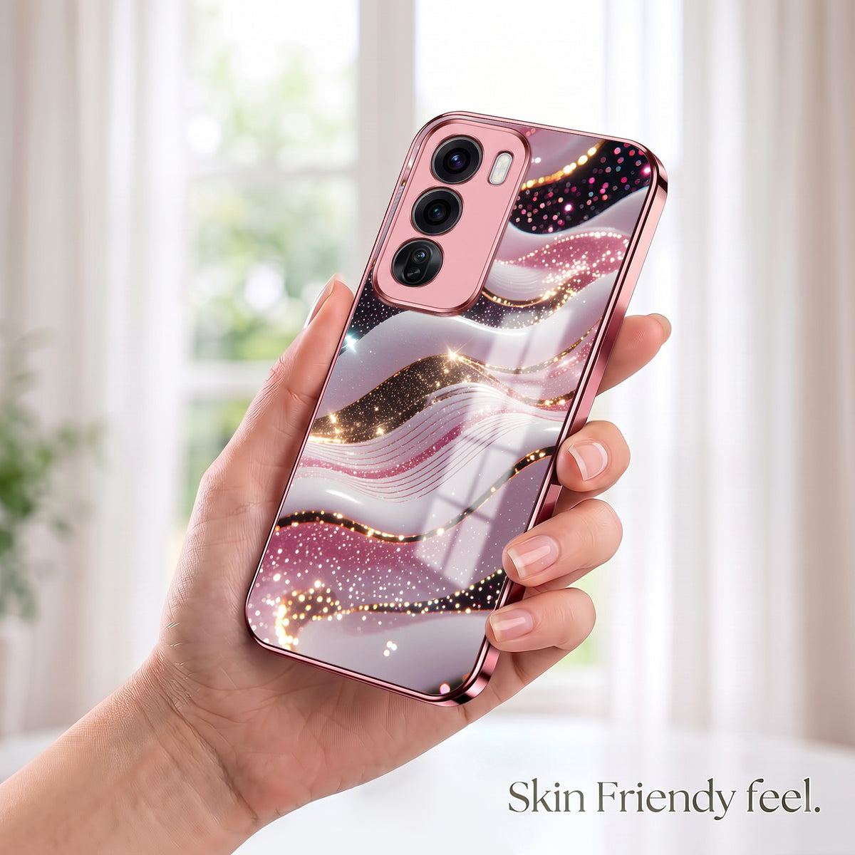 Oppo Reno 12 Pro 5G Midnight Pearl Wave Pink Electroplated Glass Phone Back Case