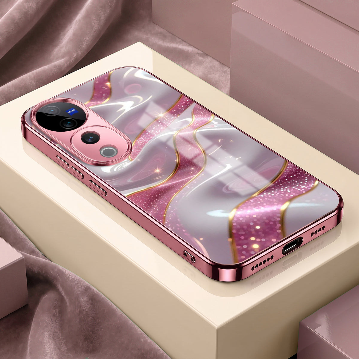 Vivo V40 Pro 5G Pearl Marble Pink Electroplated Glass Phone Back Case