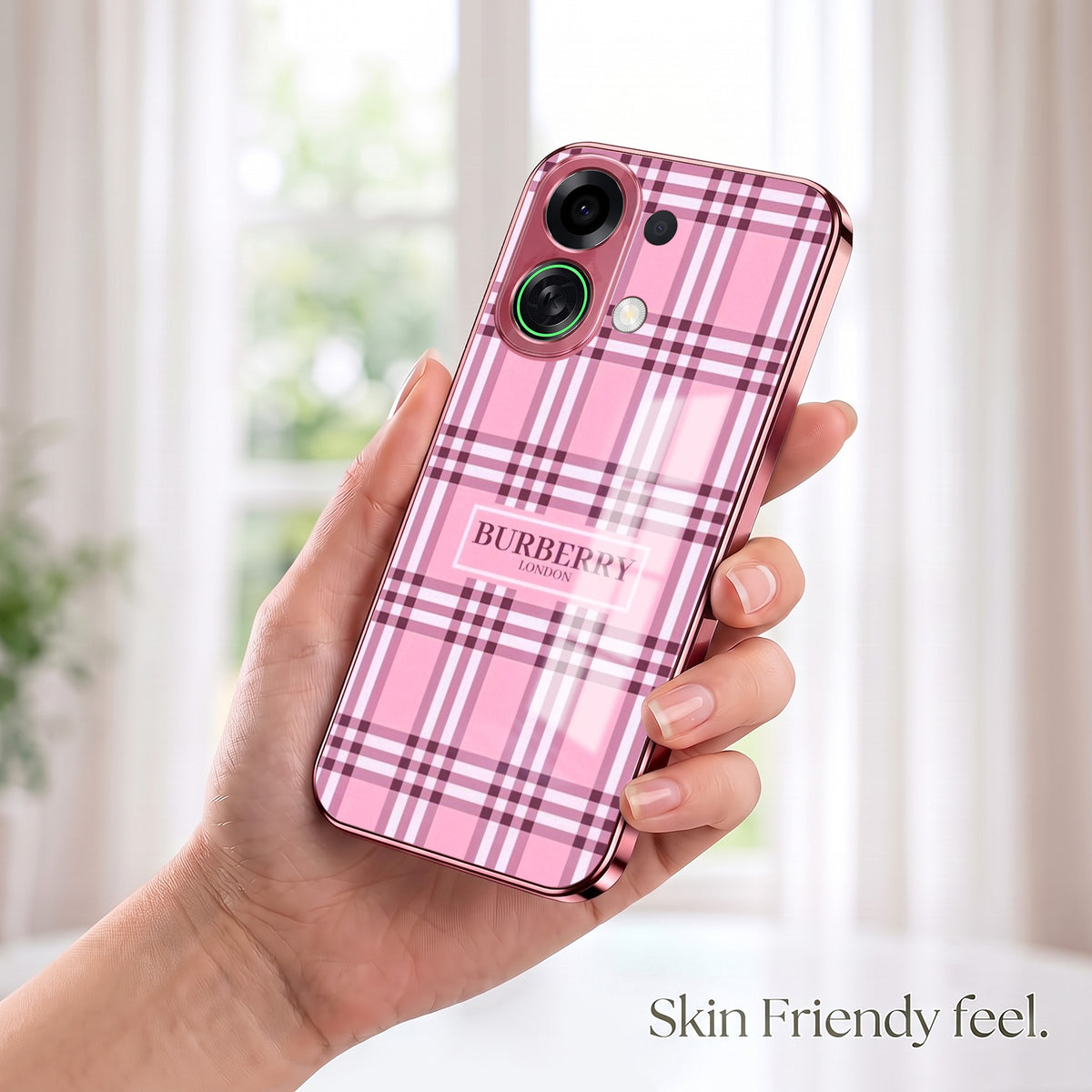 Oppo K13 Turbo 5G Burberry Classic Pink Electroplated Glass Phone Back Case