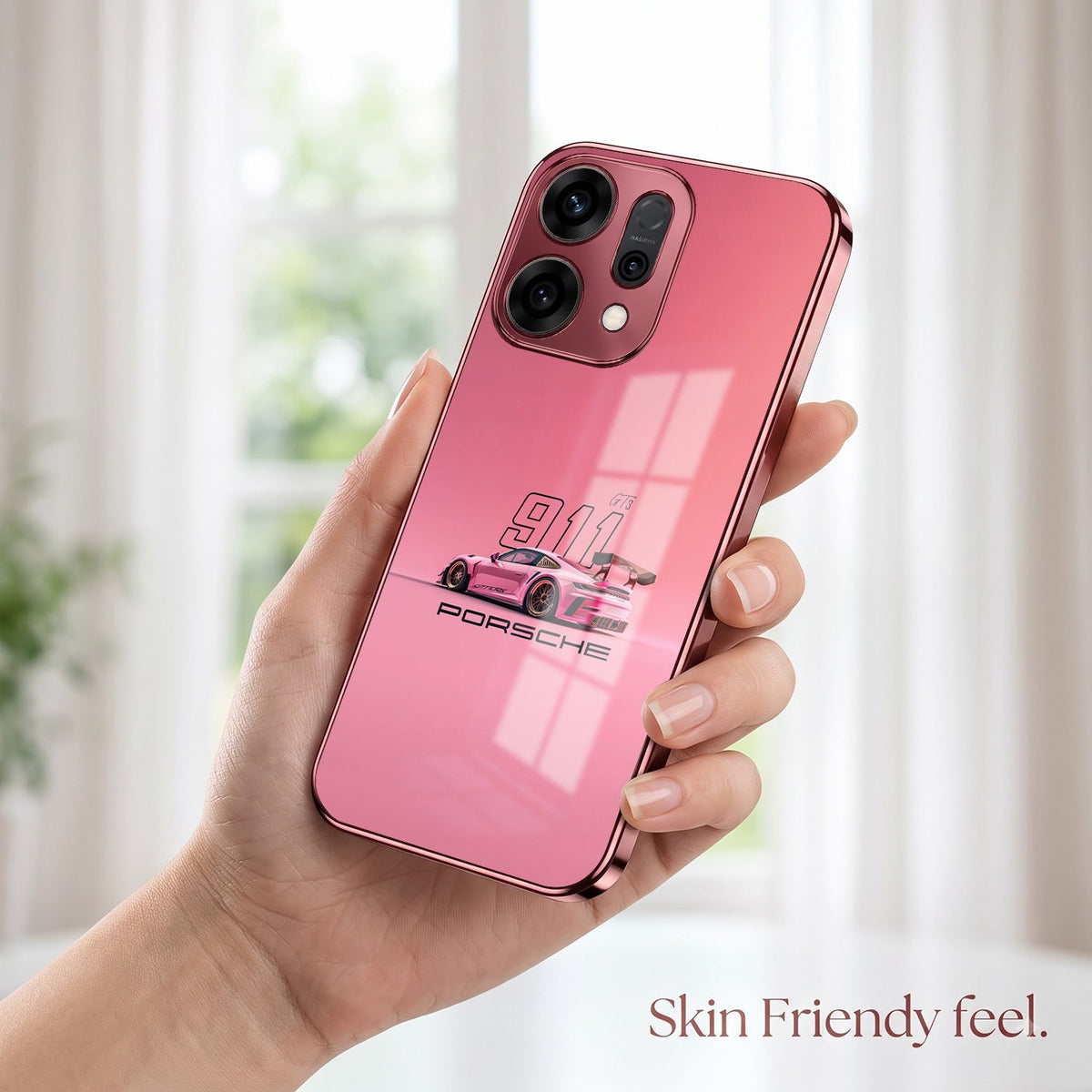 Oppo Reno 14 5G Luxury Porsche 911 Pink Electroplated Glass Phone Back Case