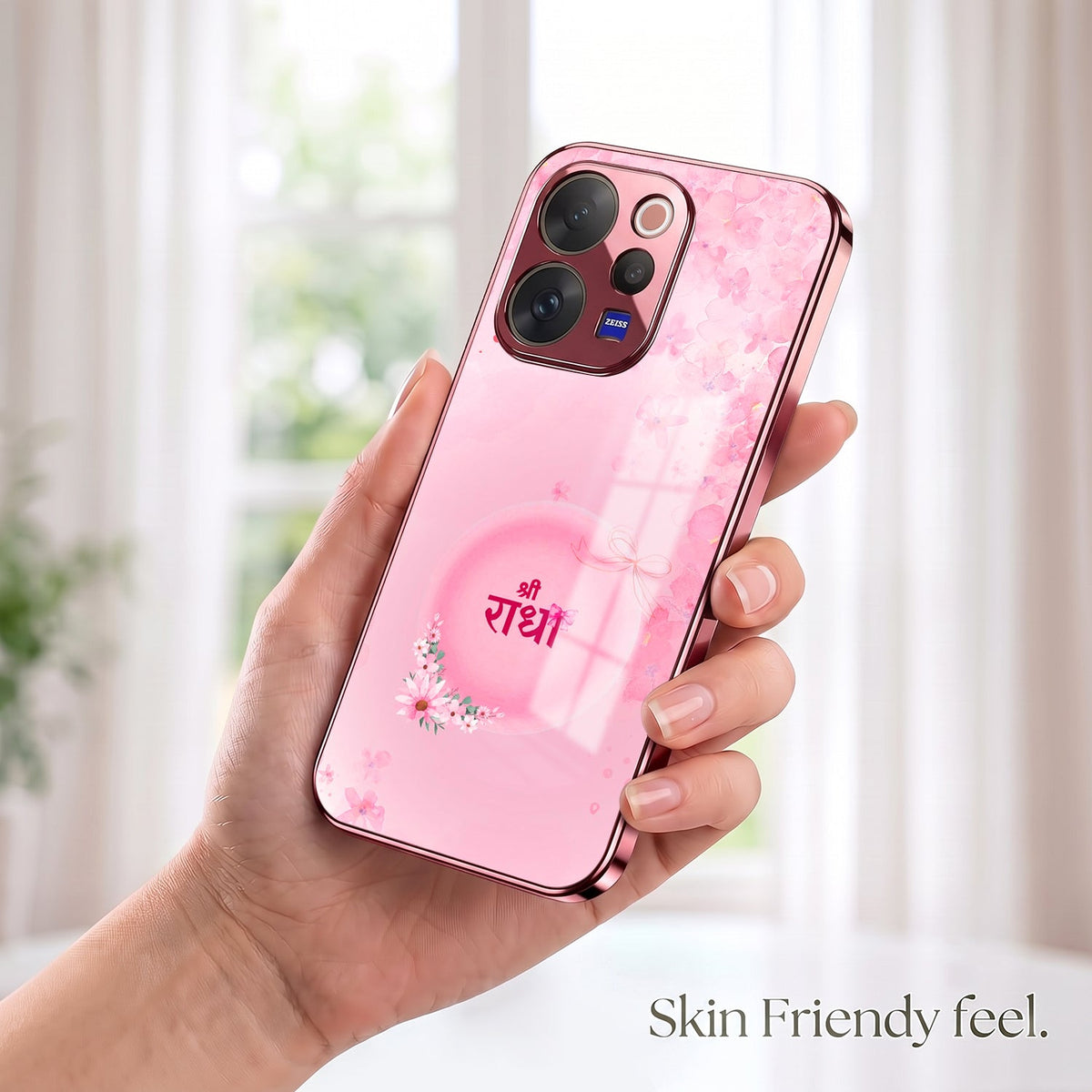 Vivo V70 5G Luxury Shree Radha Pink Electroplated Glass Phone Back Case