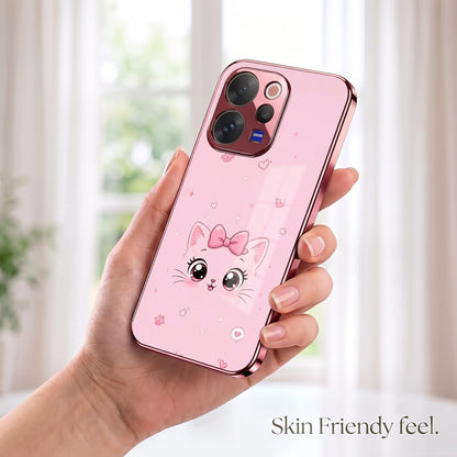 Vivo V70 5G Luxury Cute Cat Pink Electroplated Glass Phone Back Case