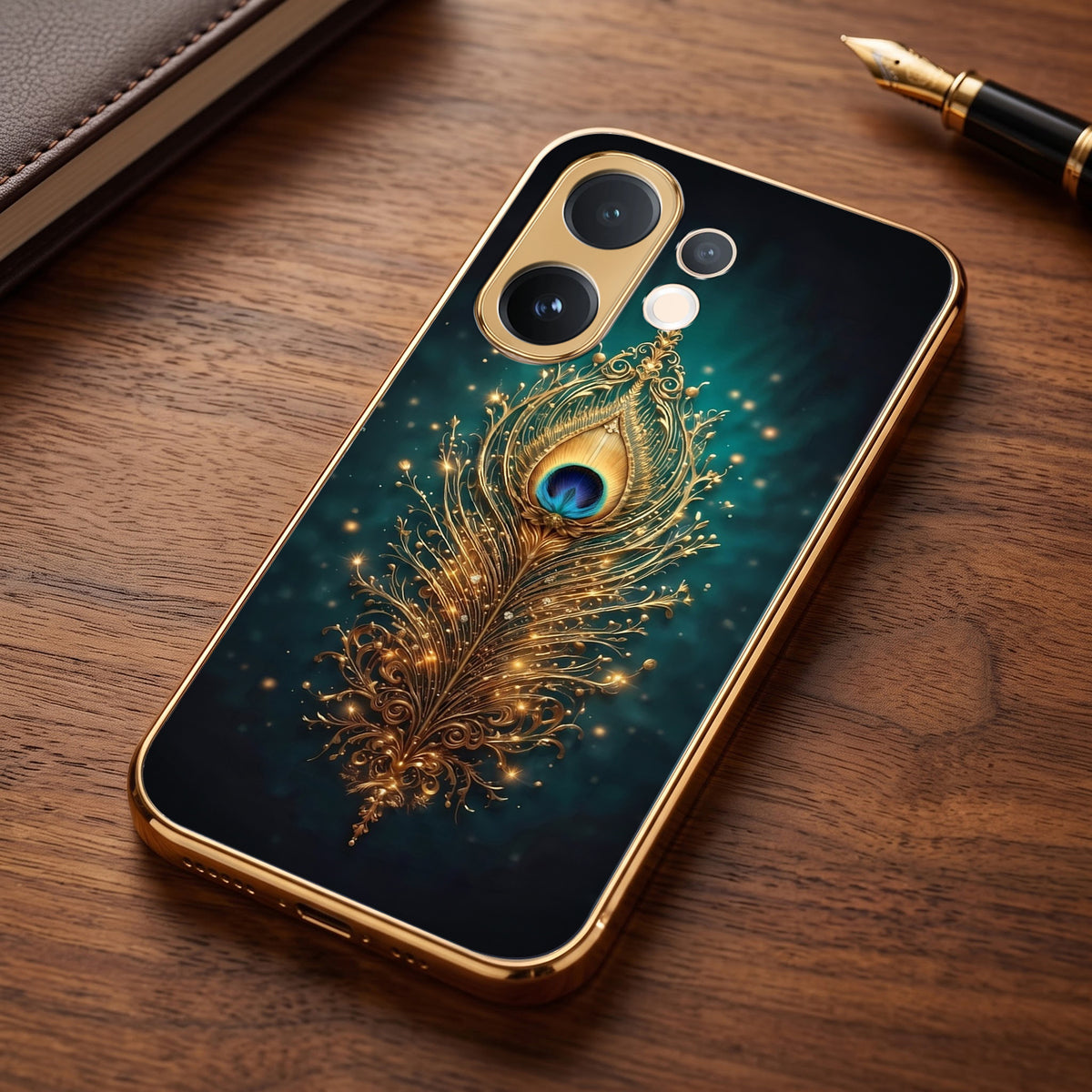Vivo V60 5G Golden Peacock Feather Gold Electroplated Glass Phone Back Case