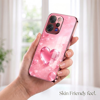 Vivo V70 5G Luxury 3D Jelly Heart Pink Electroplated Glass Phone Back Case