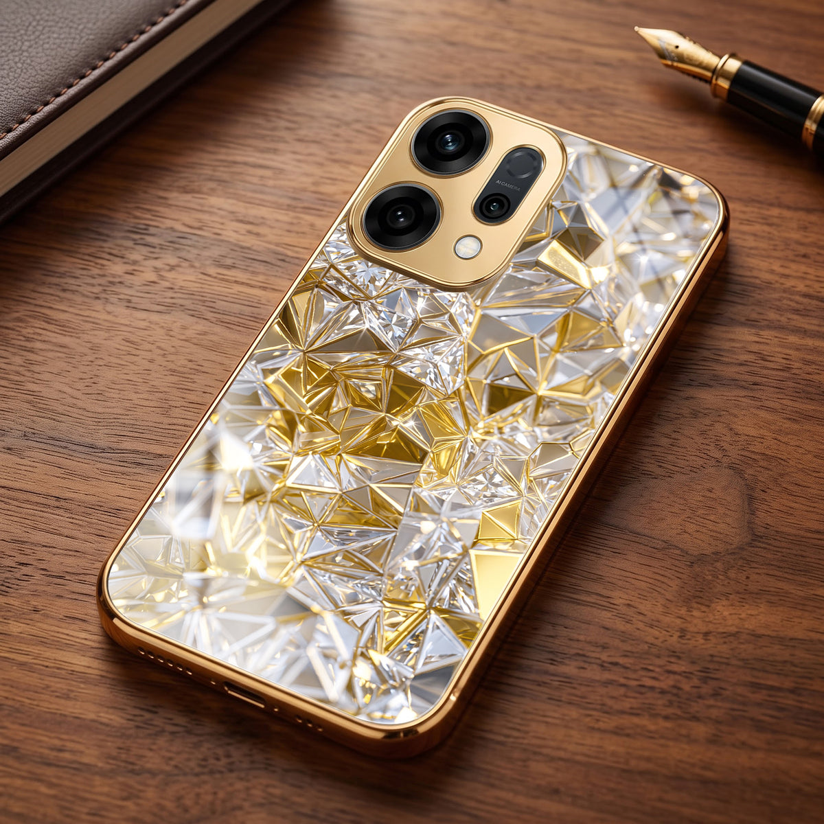 Oppo Reno 14 5G White Diamond Shatter Gold Electroplated Glass Phone Back Case