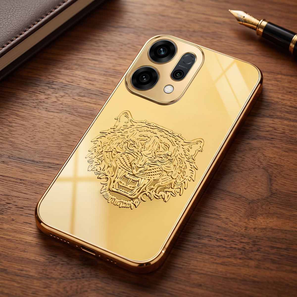 Oppo Reno 14 5G Golden Tiger Face Gold Electroplated Glass Phone Back Case