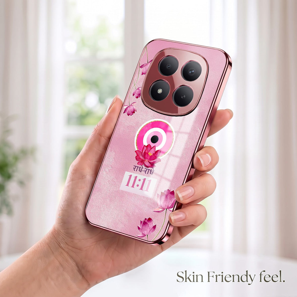 Redmi Note 15 Pro+ 5G Luxury Radhe Radhe 11:11 Pink Electroplated Glass Phone Back Case