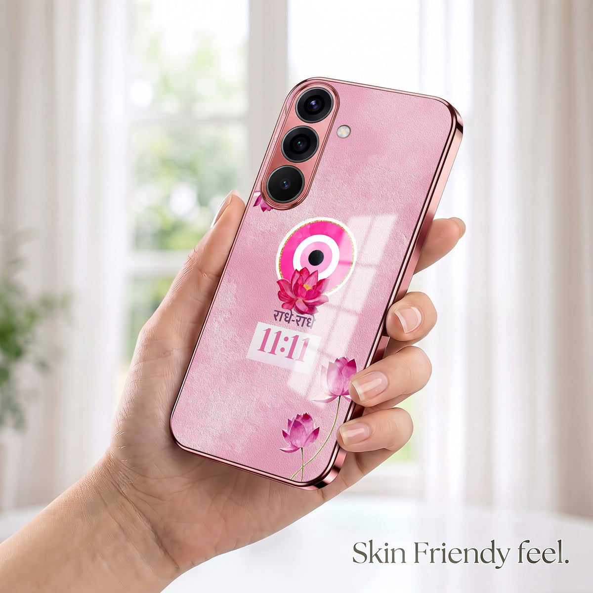 Samsung Galaxy A56 5G Luxury Radhe Radhe 11:11 Pink Electroplated Glass Phone Back Case