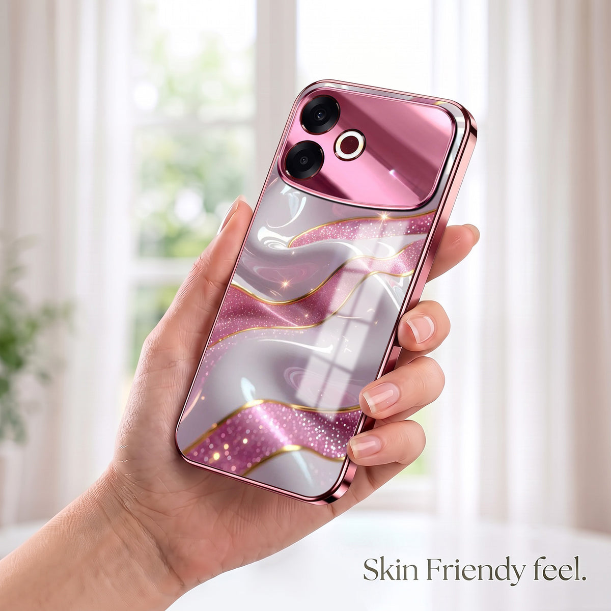 Oppo F33 Pro 5G Pearl Marble Pink Electroplated Glass Phone Back Case