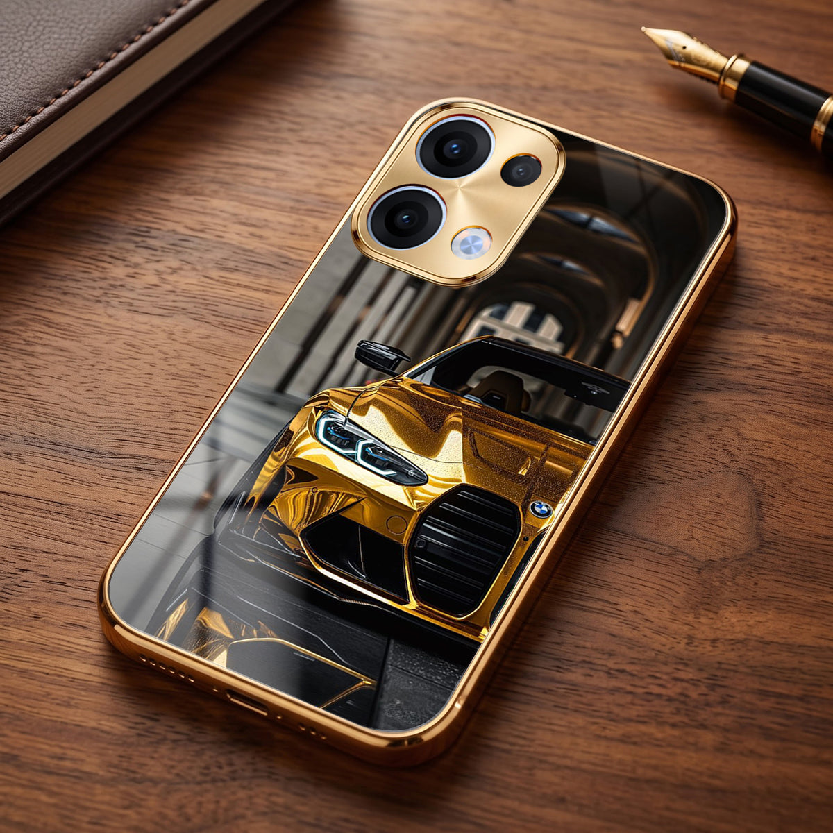 Oppo Reno 13 5G Golden BMW Gold Electroplated Glass Phone Back Case