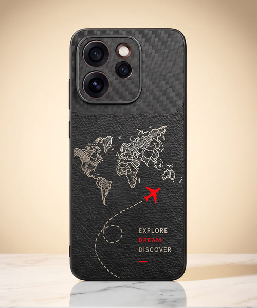 Oppo Reno 15 Pro Mini 5G Travel Map Carbon Fiber Leather Hybrid Back Case
