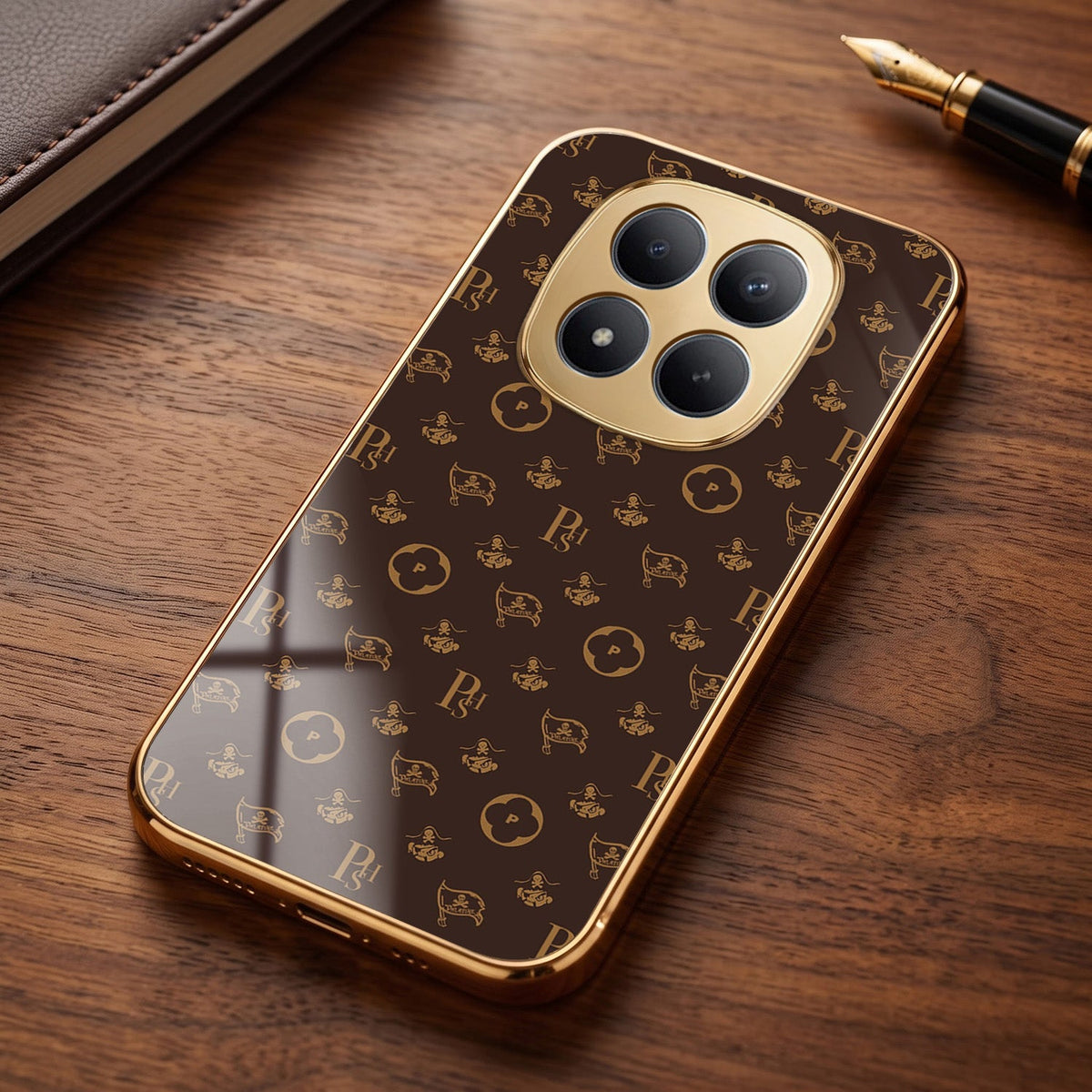 Redmi Note 15 Pro Plus 5G Luxury Monogram Brown Gold Electroplated Glass Phone Back Case