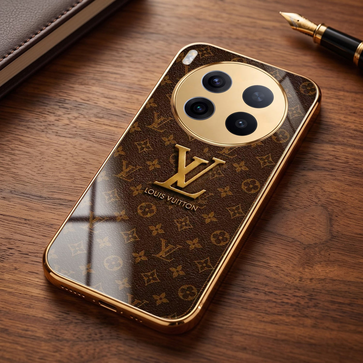 Vivo X300 Pro 5G LV Brown Monogram Gold Electroplated Glass Phone Back Case