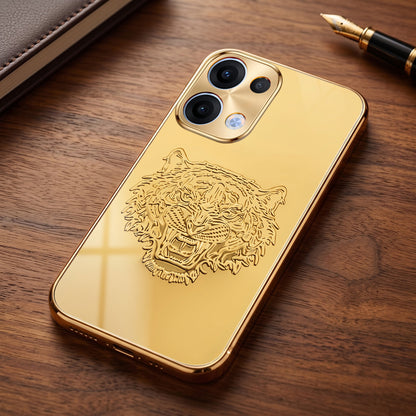 Oppo Reno 13 5G Golden Tiger Face Gold Electroplated Glass Phone Back Case