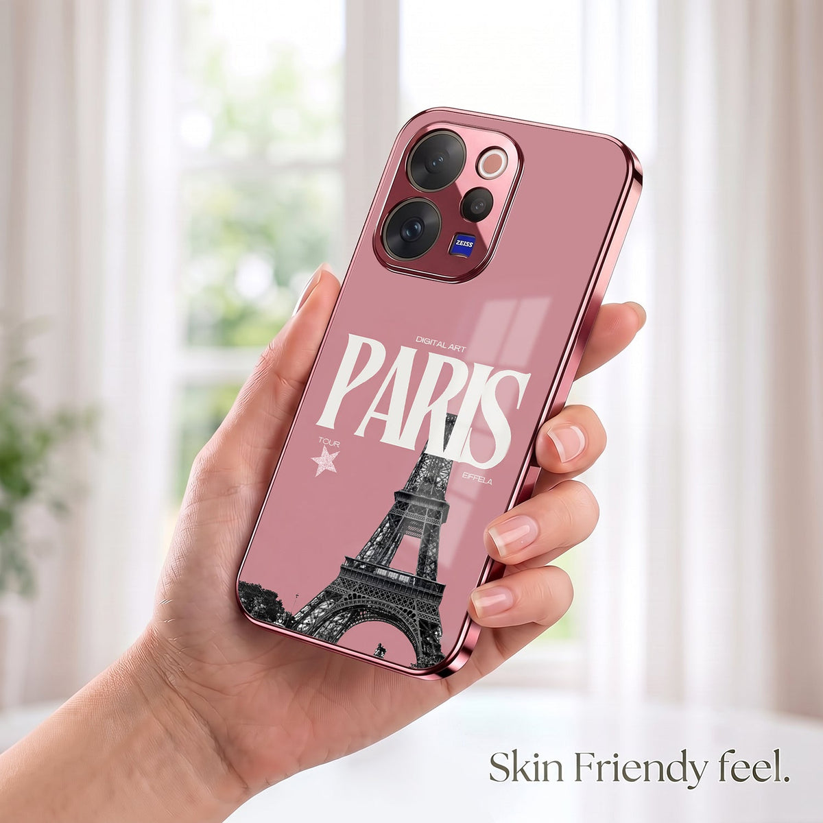 Vivo V70 5G Luxury Paris Tower Pink Electroplated Glass Phone Back Case
