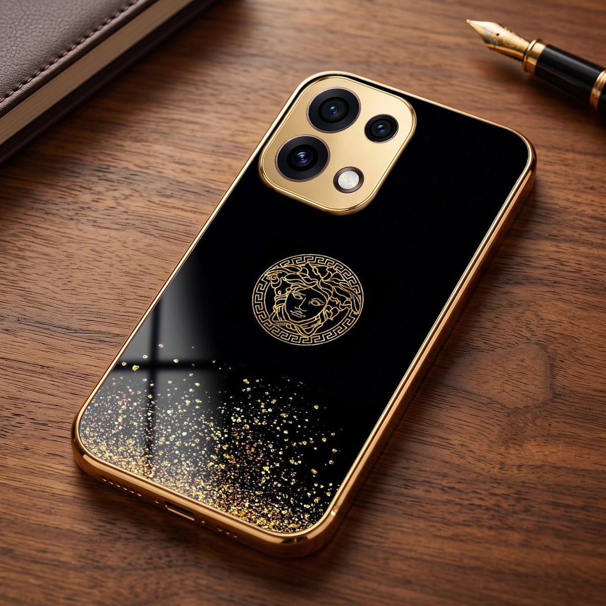Oppo Reno 16C 5G Medusa Head Gold Electroplated Glass Phone Back Case