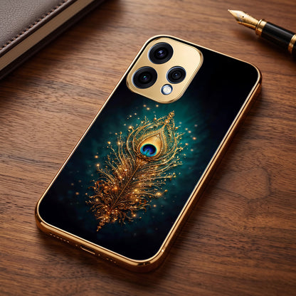 Oppo Reno 15 5G Golden Peacock Feather Gold Electroplated Glass Phone Back Case