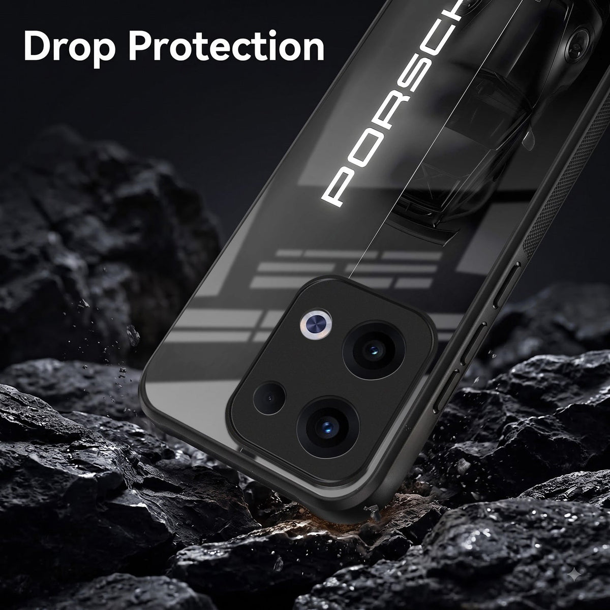 Oppo Reno 13 5G 5G Premium Acrylic Shockproof Glass Back Case (Black Porsche)