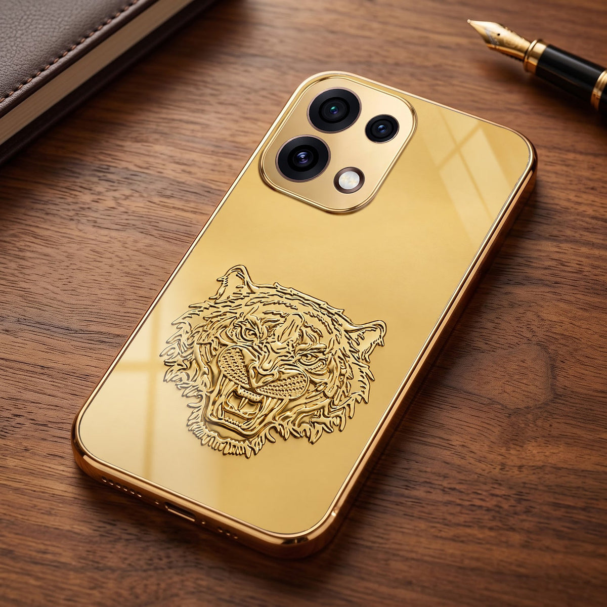 Oppo Reno 16C 5G Golden Tiger Face Gold Electroplated Glass Phone Back Case