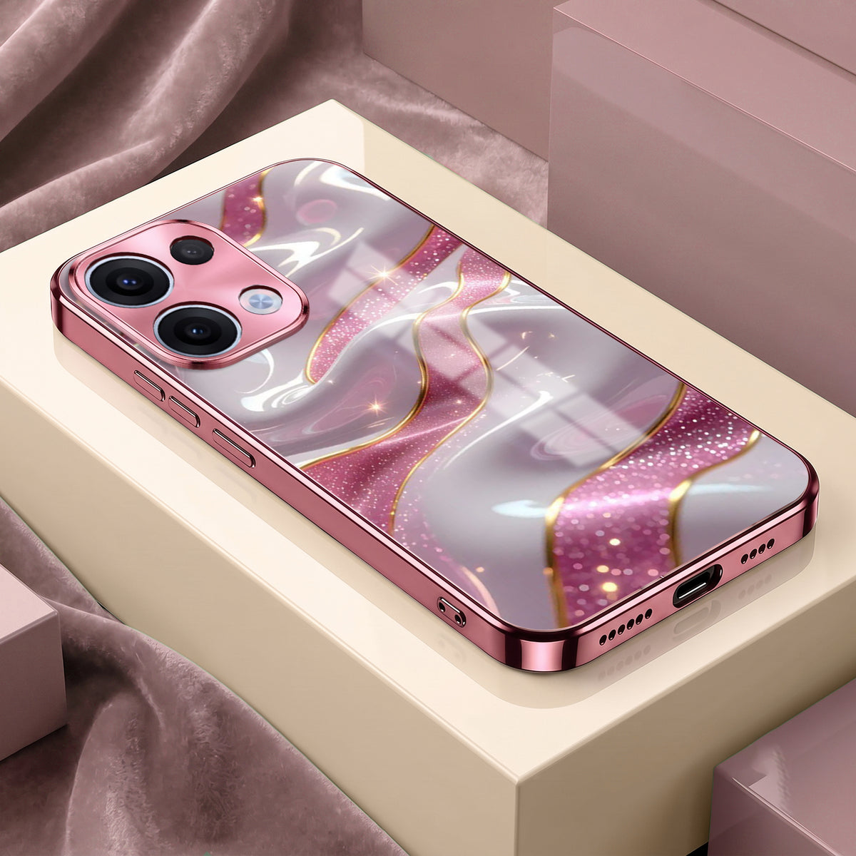 Oppo Reno 13 5G Pearl Marble Pink Electroplated Glass Phone Back Case