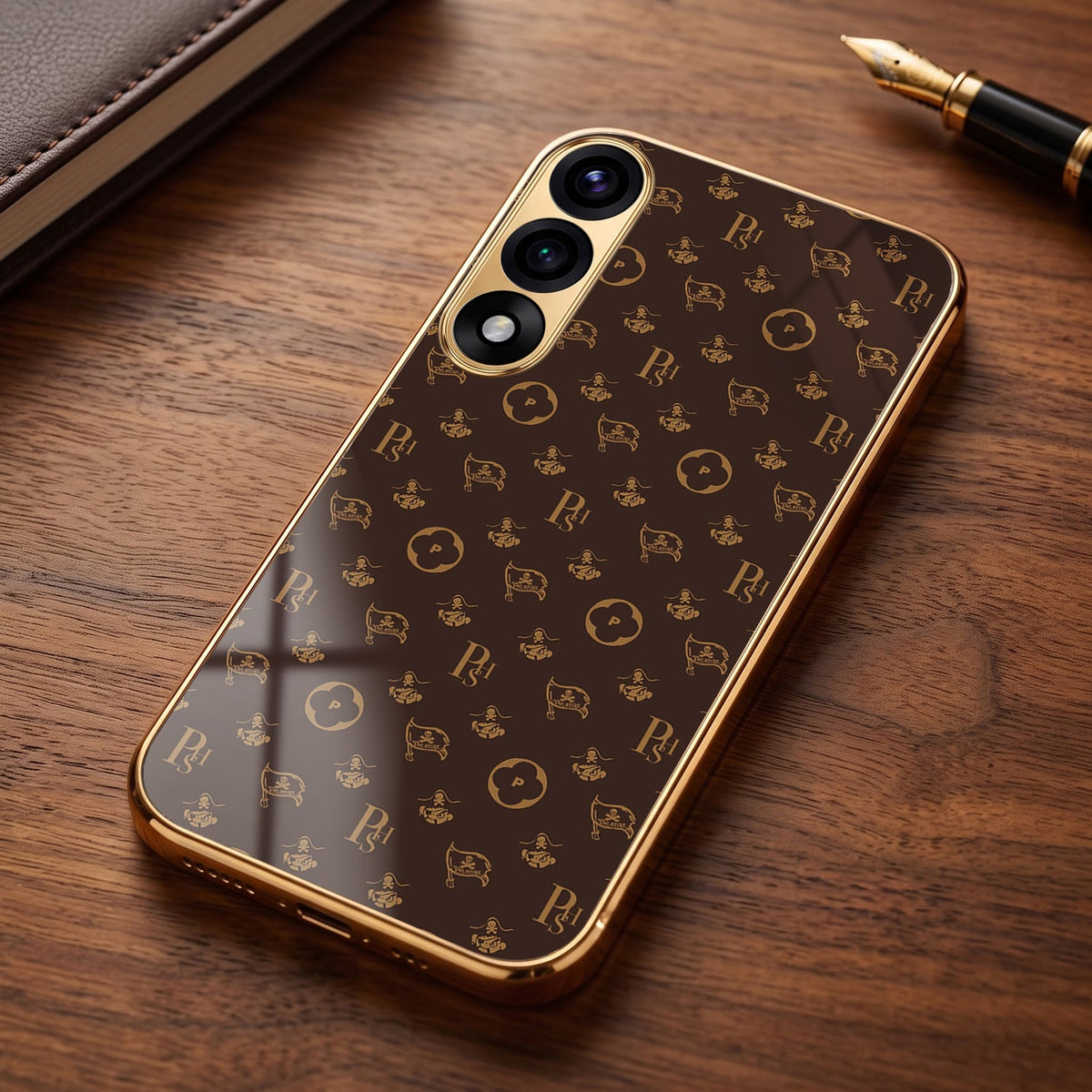 Oneplus Nord 5 5G Luxury Monogram Brown Gold Electroplated Glass Phone Back Case