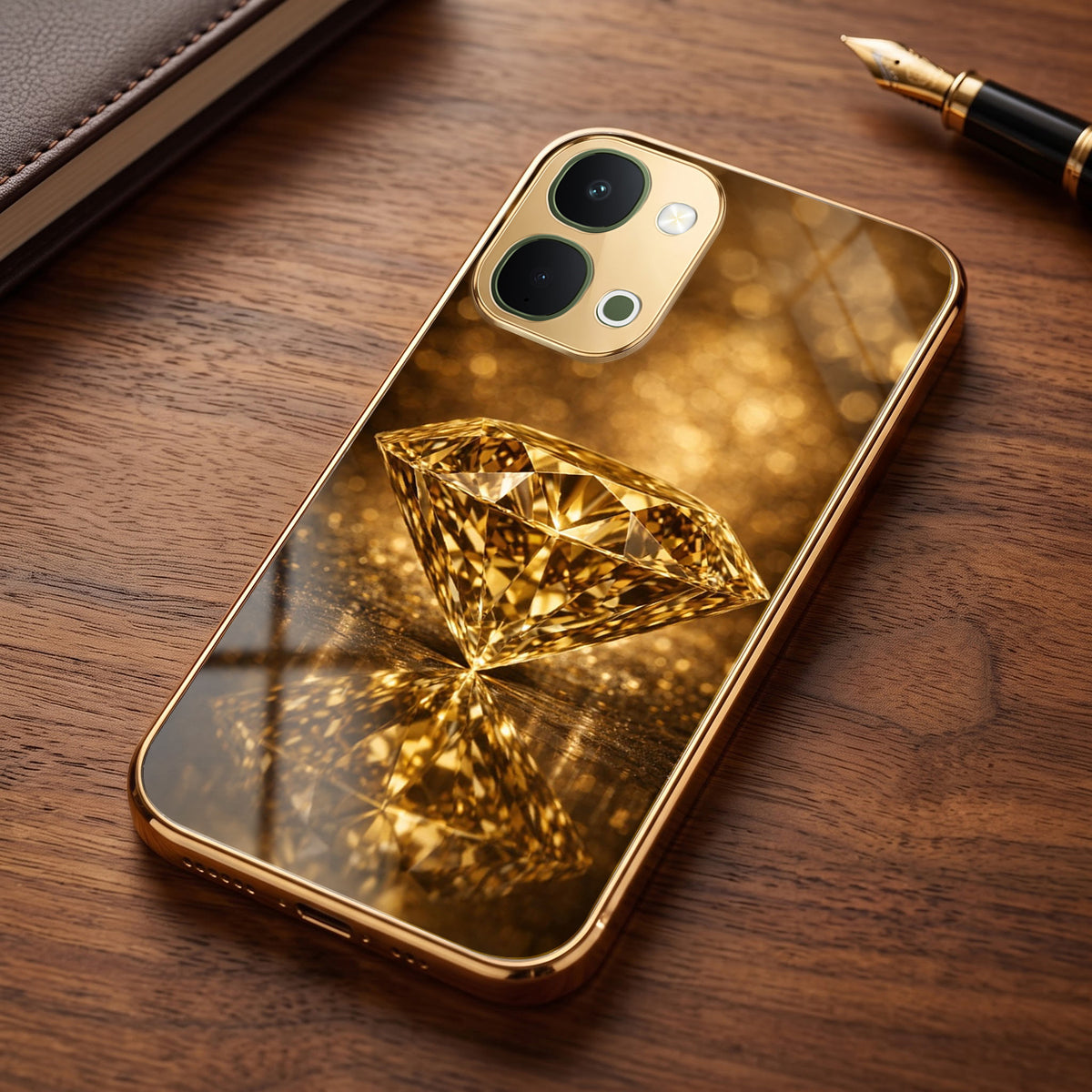 Vivo T5x 5G Golden Diamond Gold Electroplated Glass Phone Back Case