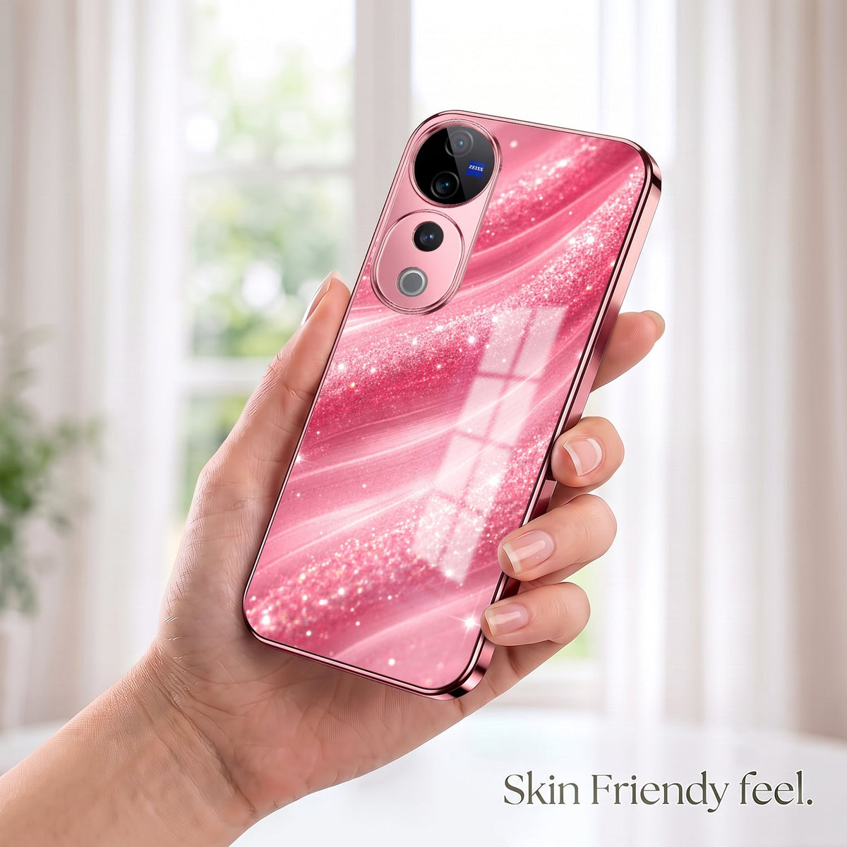 Vivo V40 Pro 5G Luxury Glitter Wave Pink Electroplated Glass Phone Back Case