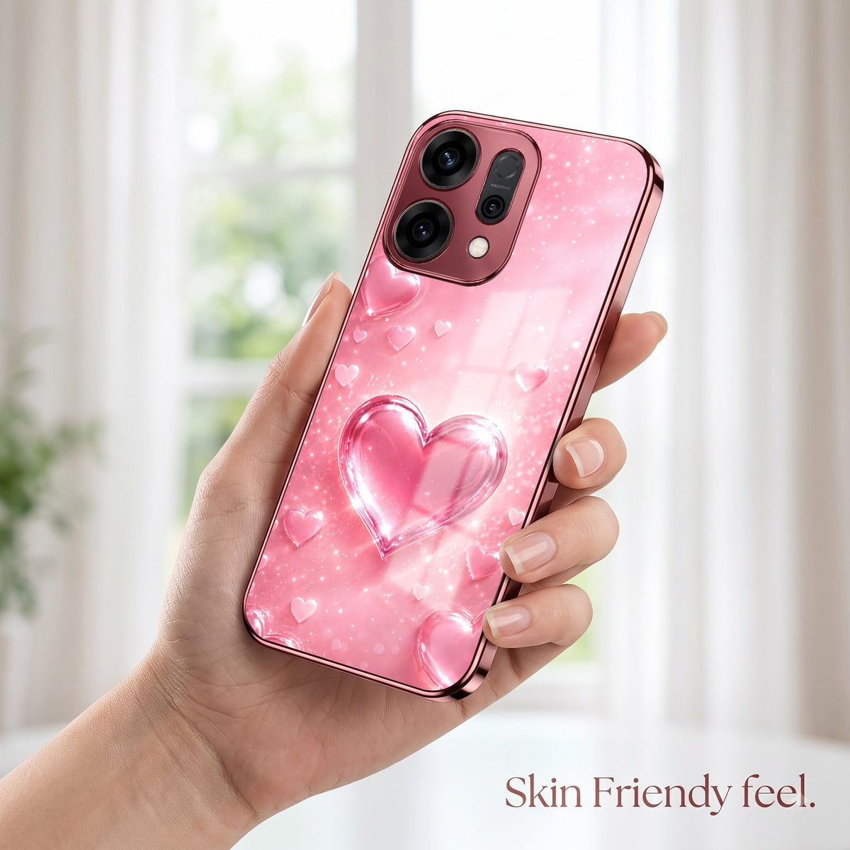 Oppo Reno 14 5G Luxury 3D Jelly Heart Pink Electroplated Glass Phone Back Case