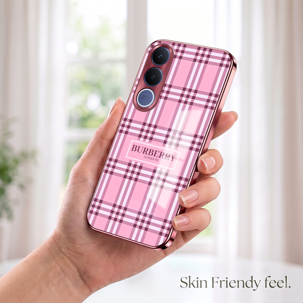 Vivo V70 FE 5G Burberry Classic Pink Electroplated Glass Phone Back Case