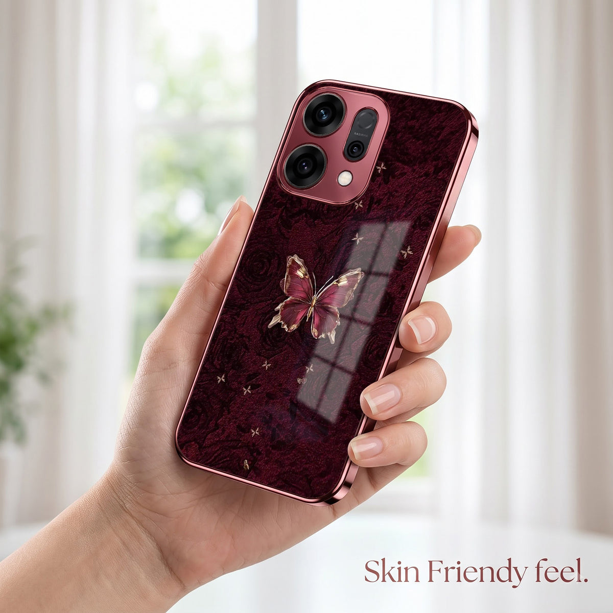 Oppo Reno 14 5G Butterfly Burgundy Electroplated Glass Back Case