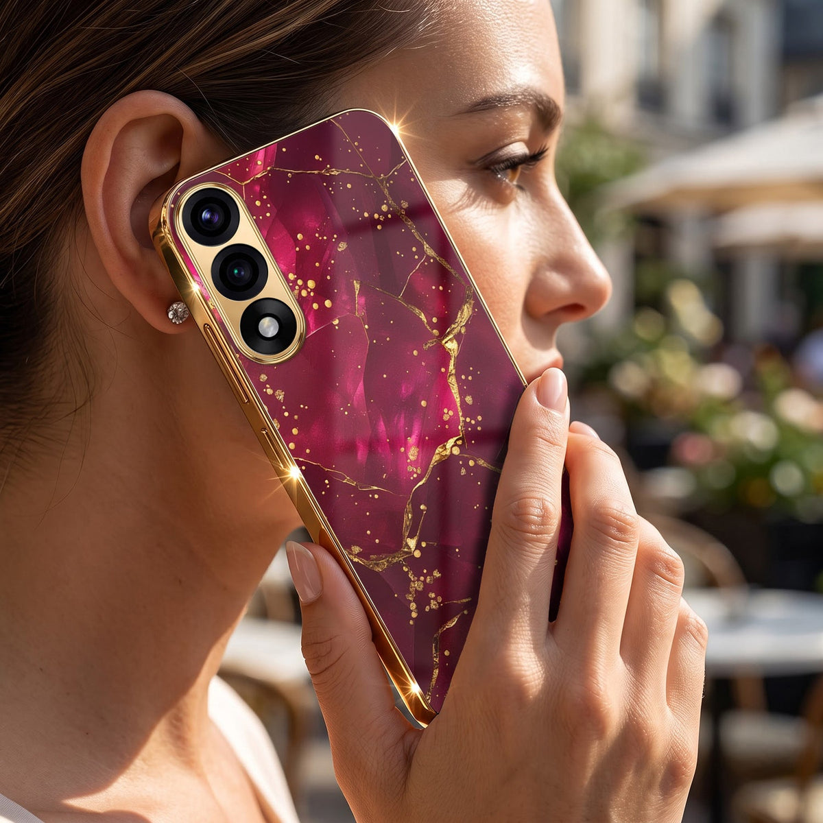 Oneplus Nord 5 5G Luxury Crimson Marble Gold Electroplated Glass Phone Back Case