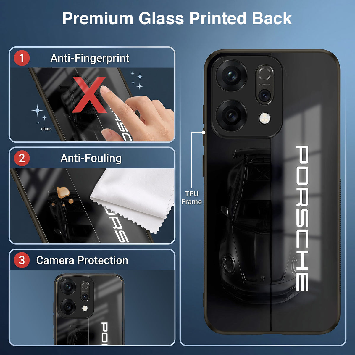 Oppo Reno 14 5G Premium Acrylic Shockproof Glass Back Case (Black Porsche)