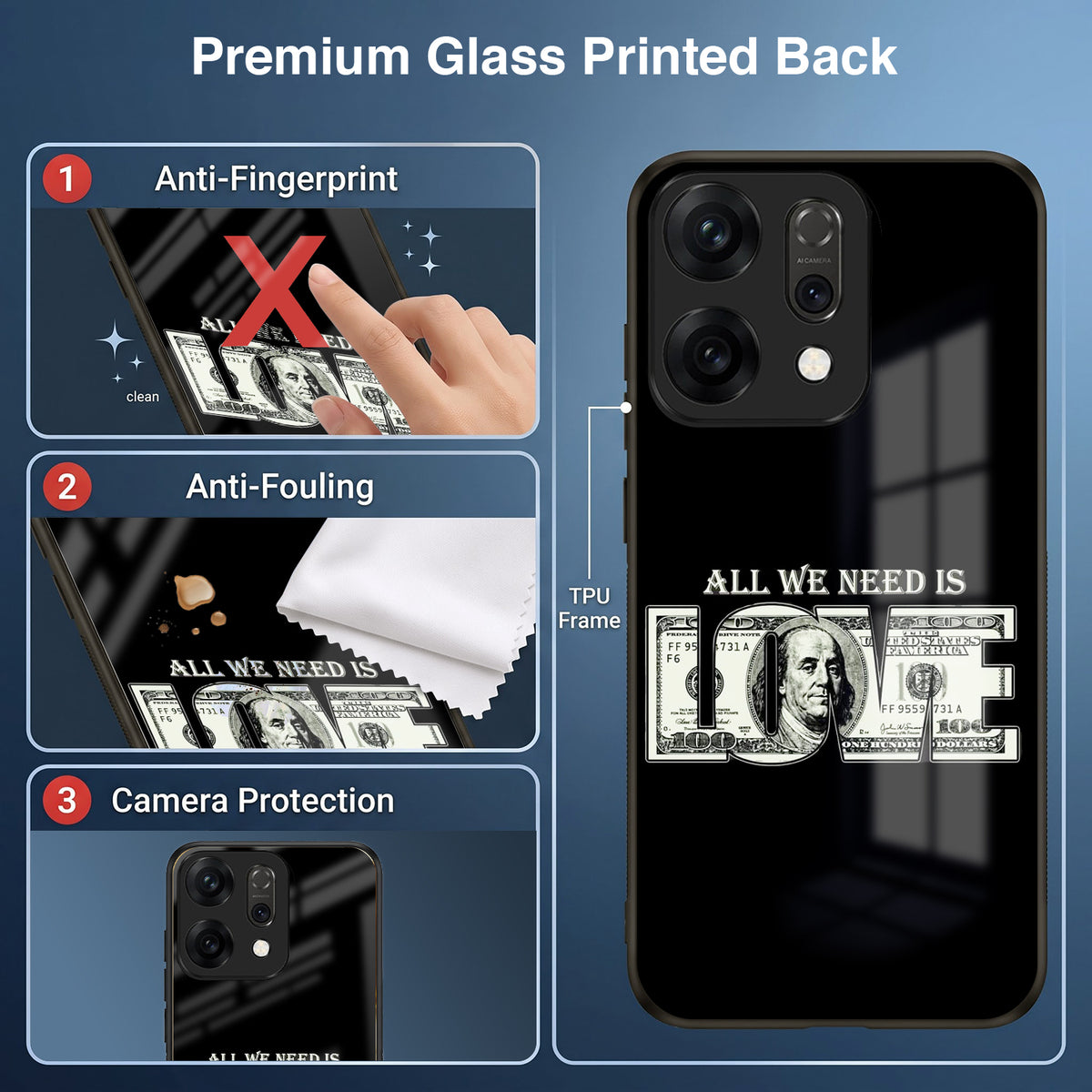 Oppo Reno 14 5G Premium Acrylic Shockproof Glass Back Case (Money Love)