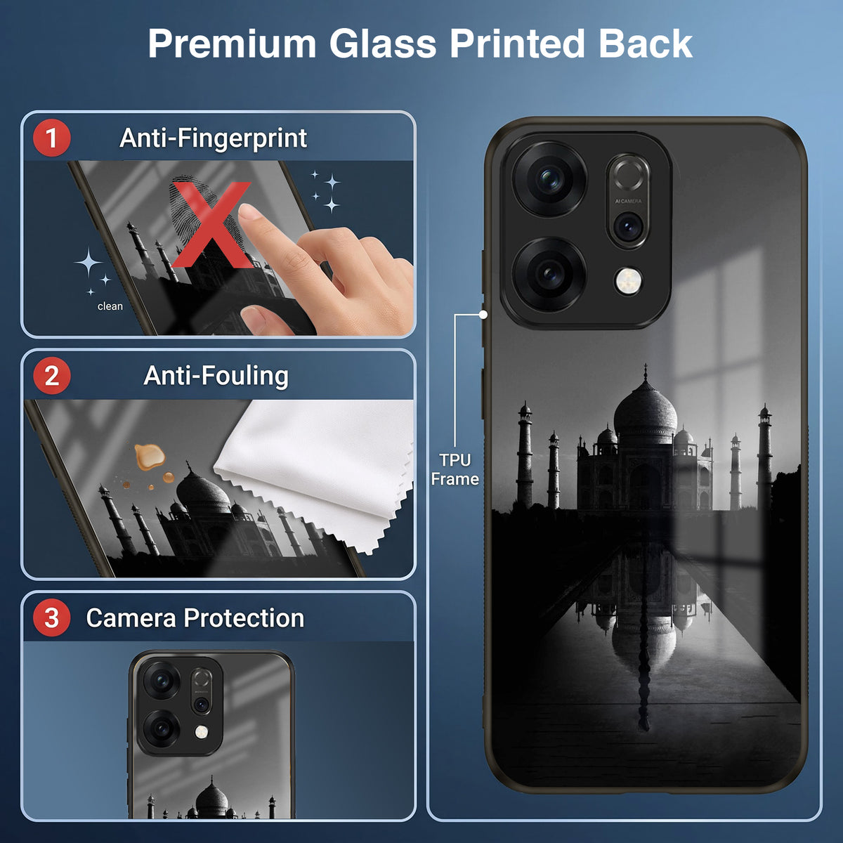 Oppo Reno 14 5G Premium Acrylic Shockproof Glass Back Case (Taj Mahal)