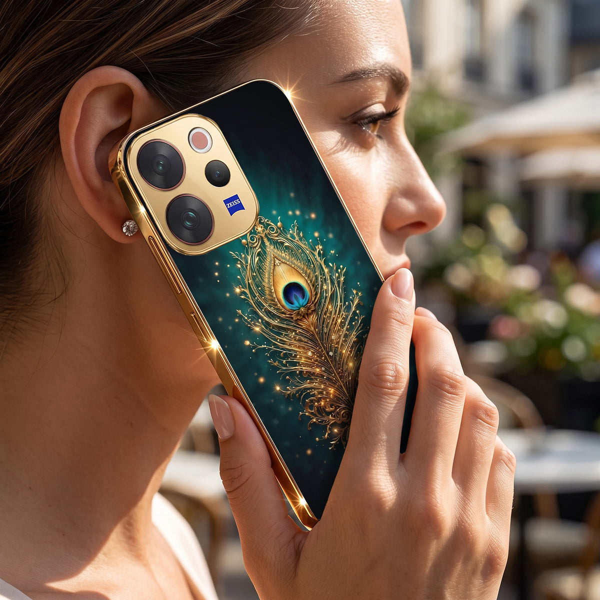 Vivo V70 5G Golden Peacock Feather Gold Electroplated Glass Phone Back Case