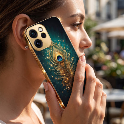 Oppo Reno 15 Pro Mini 5G Golden Peacock Feather Gold Electroplated Glass Phone Back Case