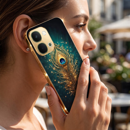 Vivo T5x 5G Golden Peacock Feather Gold Electroplated Glass Phone Back Case