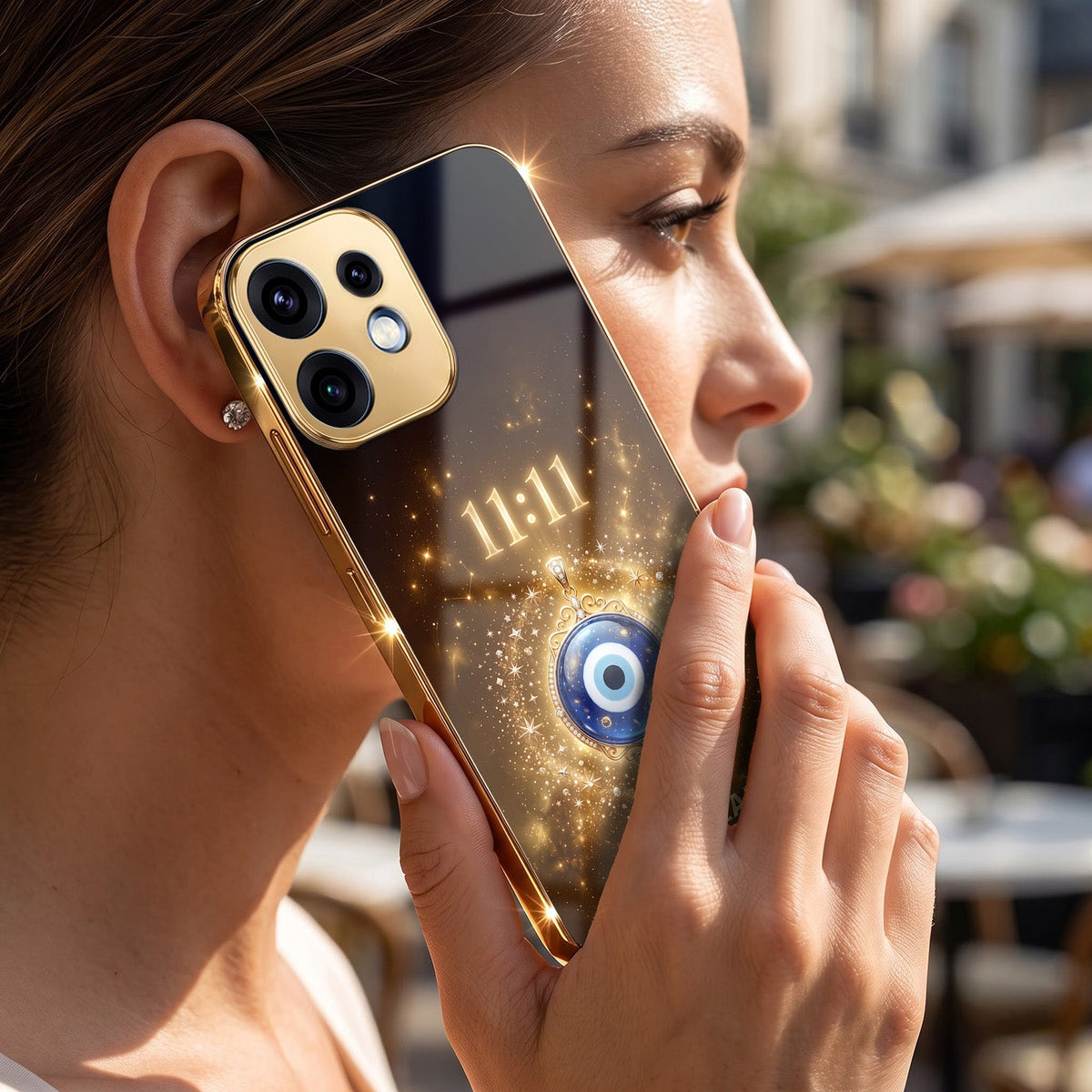 Oppo Reno 16 5G God’s Plan Evil Eye Gold Electroplated Glass Phone Back Case