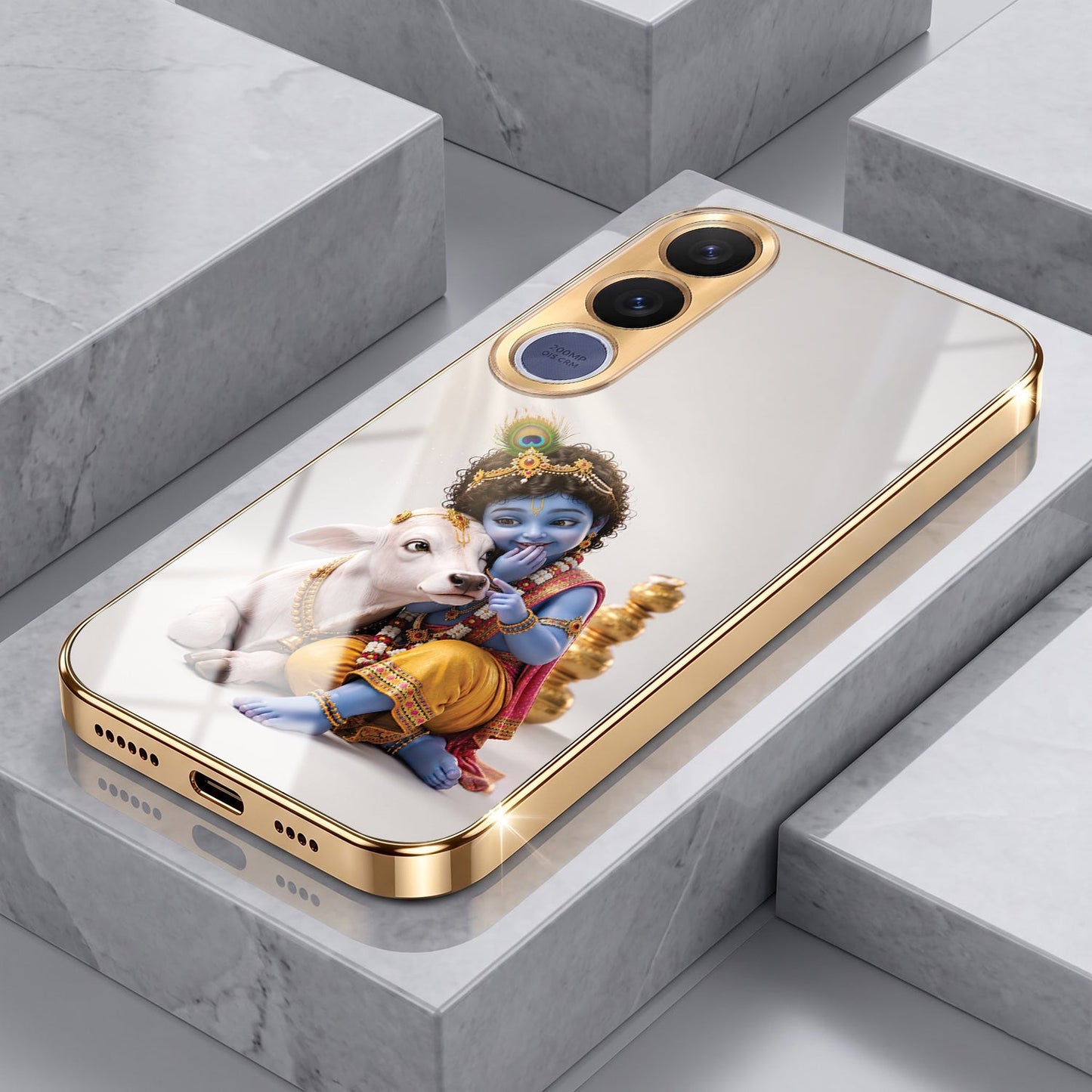 Vivo V70 FE 5G Bal Krishna Blessings Gold Electroplated Glass Phone Back Case