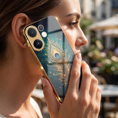 Vivo V60 5G Golden Peacock Feather Gold Electroplated Glass Phone Back Case