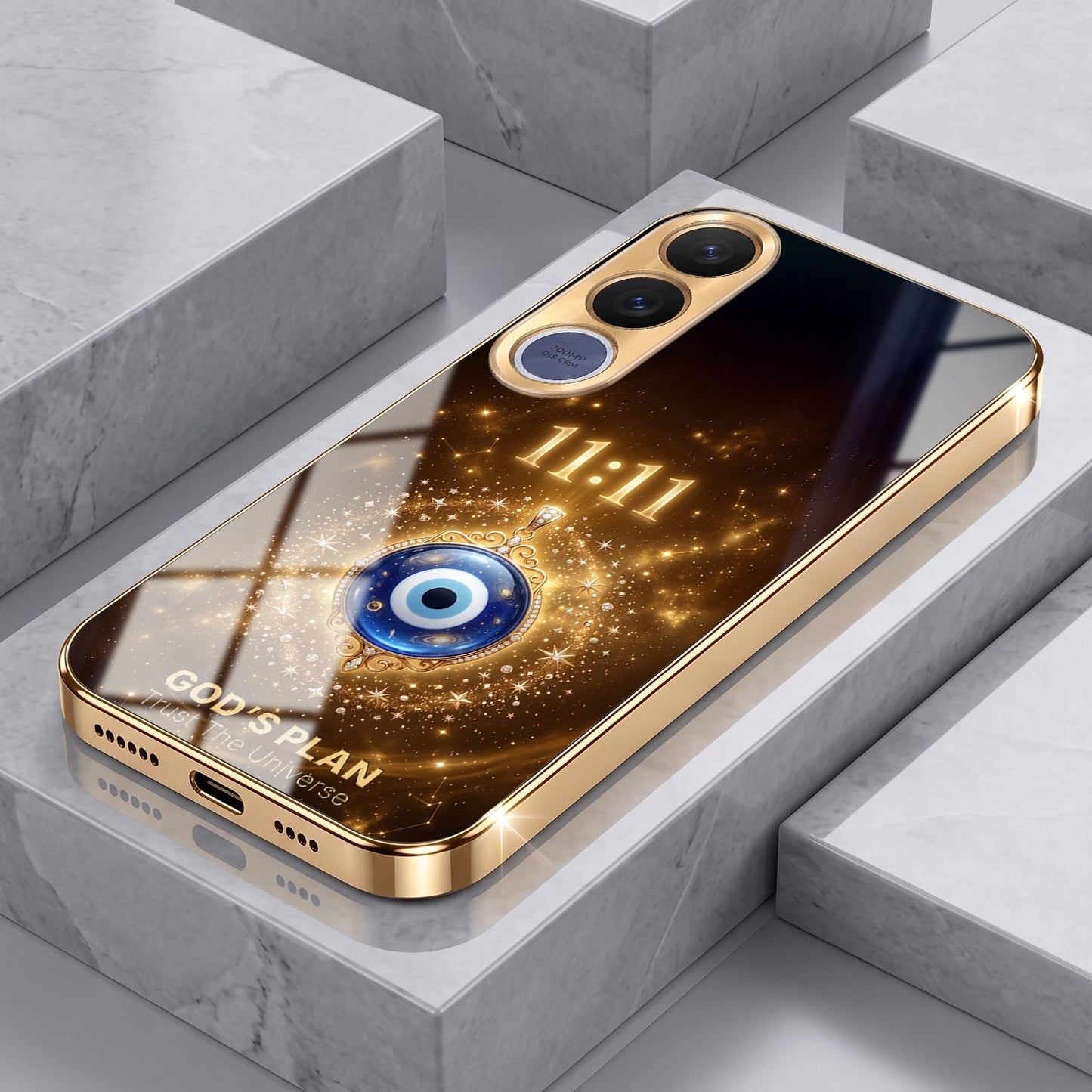 Vivo V70 FE 5G God’s Plan Evil Eye Gold Electroplated Glass Phone Back Case