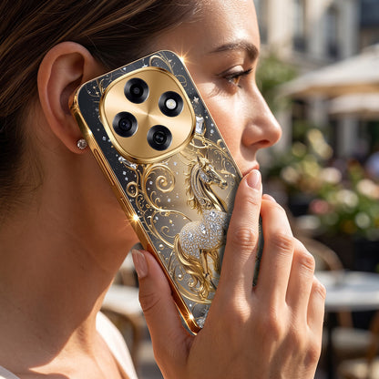 OPPO F31 Pro 5G Luxury Horse Texture Gold Electroplated Glass Phone Back Case