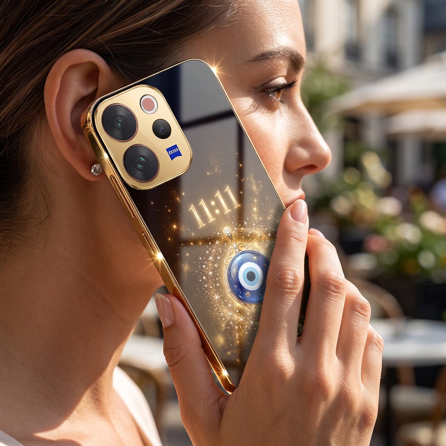 Vivo V70 5G God’s Plan Evil Eye Gold Electroplated Glass Phone Back Case