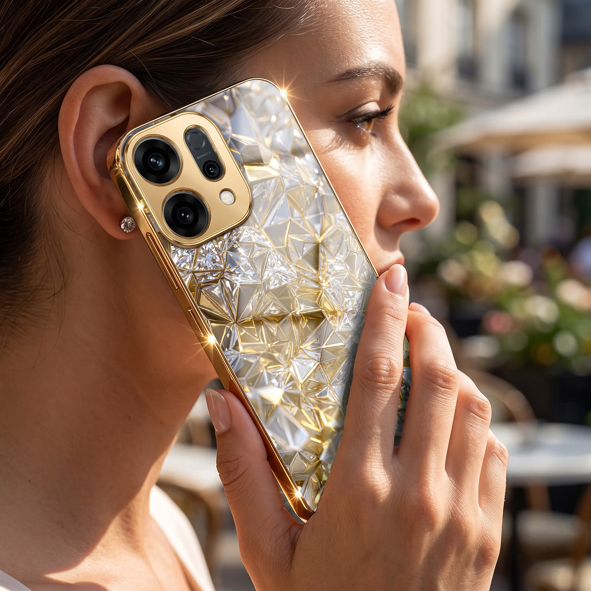 Oppo Reno 14 5G White Diamond Shatter Gold Electroplated Glass Phone Back Case