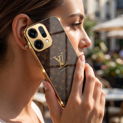 Oppo Reno 14 5G LV Brown Monogram Gold Electroplated Glass Phone Back Case